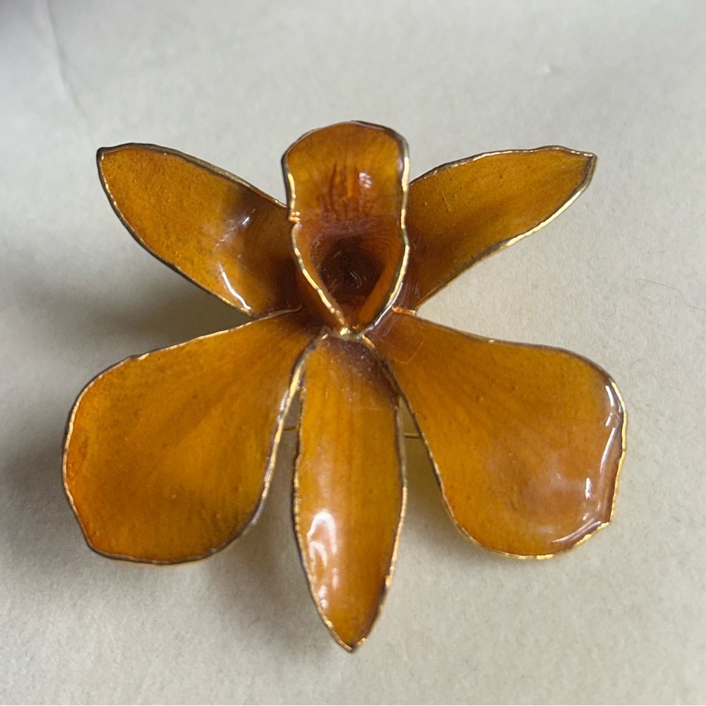Vintage Tan/Brown Enamel Dendrobium Orchid with 24k Gold Trim Brooch/Pendant